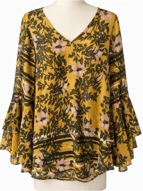 Cottagecore Floral Tiered Bell Sleeve Blouse Small Peasant Flowy Fairycore Top